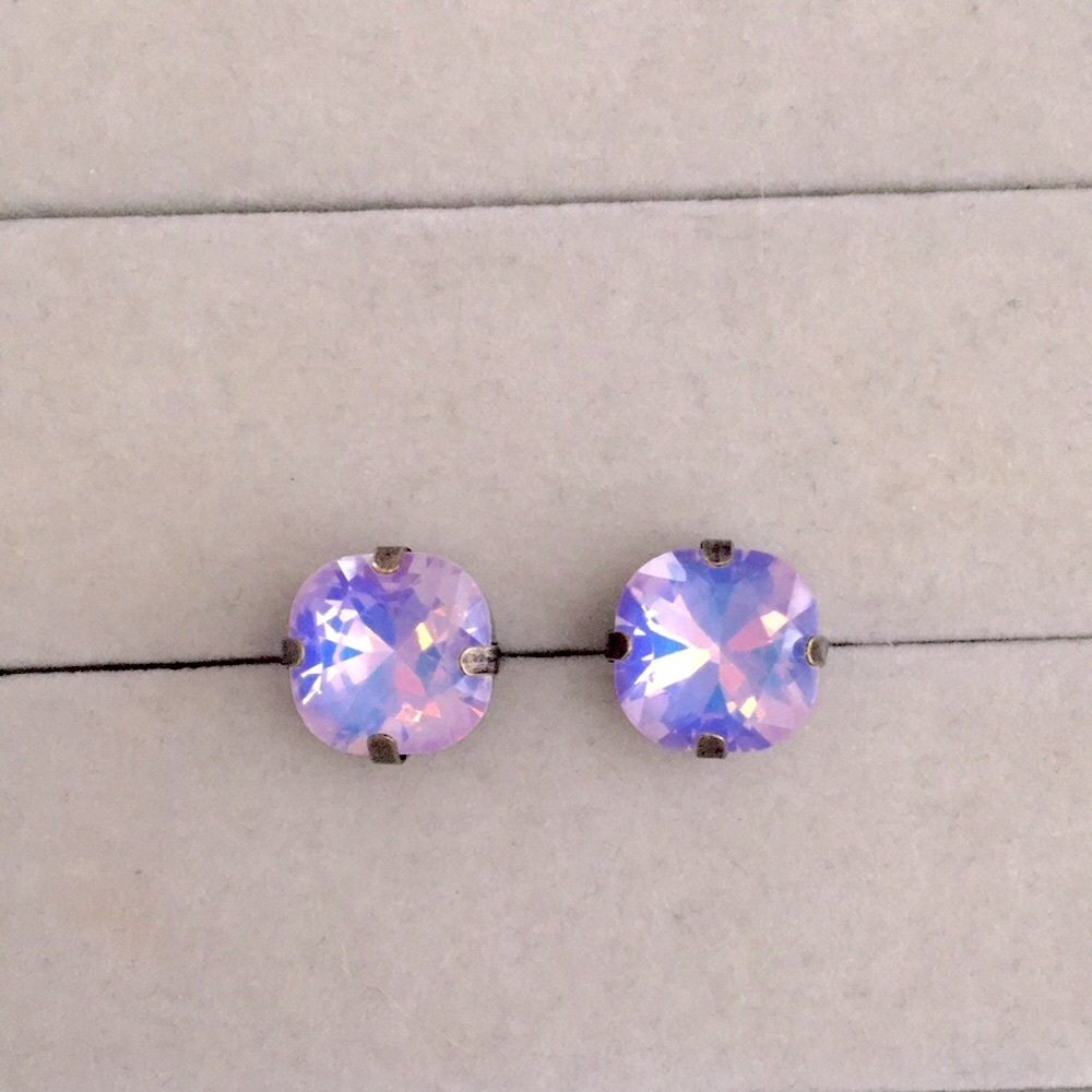 Lilac Purple Opal Aurora Borealis Cushion Cut Antique Brass Crystal Earrings - Picture 12 of 12